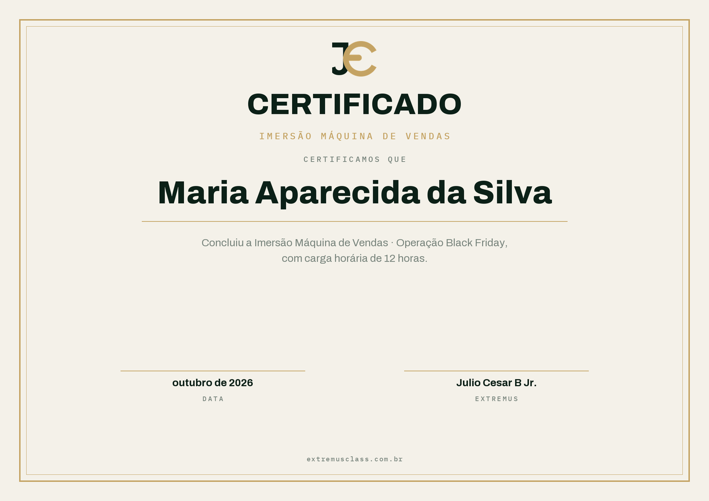 Modelo do certificado da Imersão Máquina de Vendas, Operação Black Friday, com carga horária de 12 horas