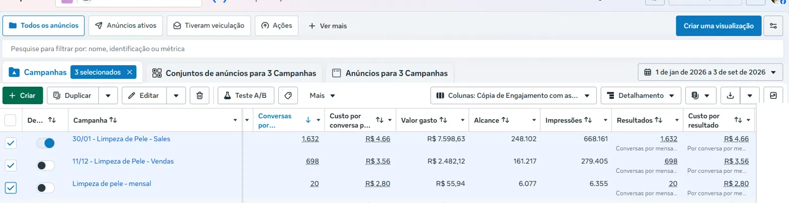 Gerenciador de Anúncios: campanha 30/01 Limpeza de Pele com 1.632 conversas a R$4,66